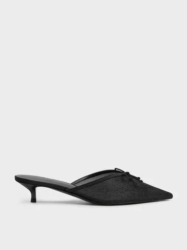 Glittered Mesh Bow Kitten Heels
    
         - Black Textured | Charles & Keith US