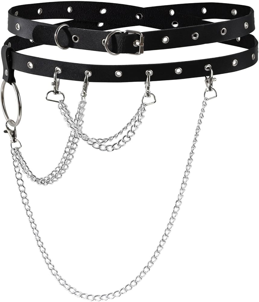 MILAKOO Grommet Eyelets Leather Belts for Women PU Punk Chains Waist Accessory Belt | Amazon (US)