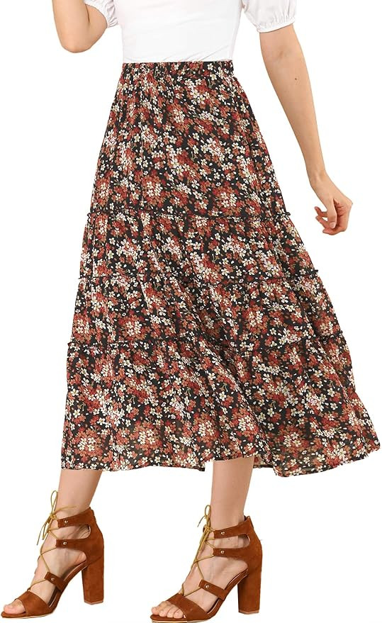 Allegra K Women's Floral Long Skirts Elastic Waist Tiered Ruffle Boho Midi Skirt | Amazon (US)