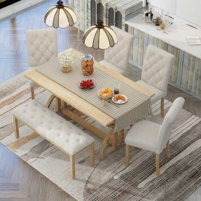 GDFStudio Kent 6 Piece Solid Wood Dining Table Set with Upholstered Chairs and Bench, Natural Wood Wash | Target