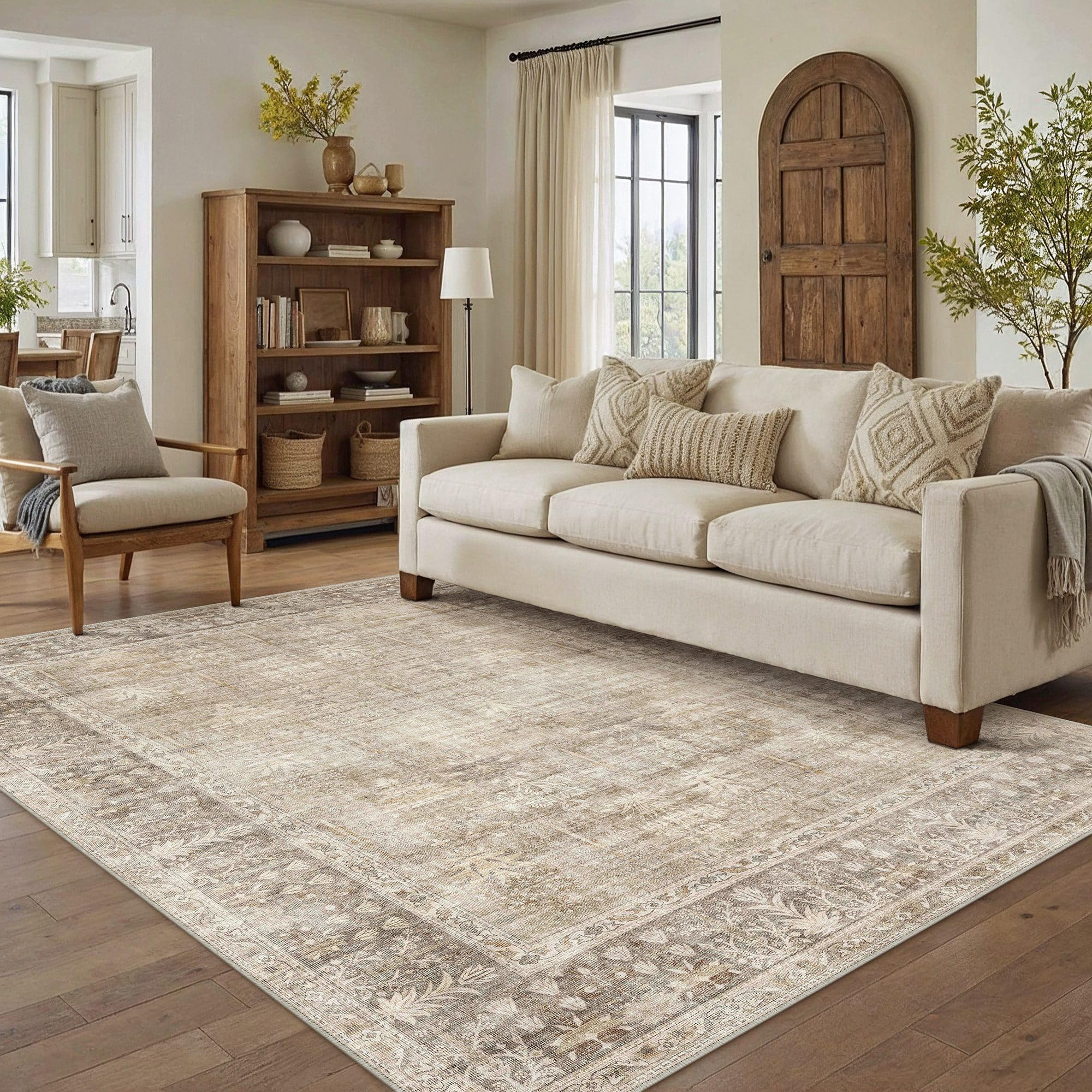 HUGEAR Retro 5x7 Washable Area Rugs Beige Living Room Bedroom Rug Vintage Distressed Throw Carpet... | Amazon (US)