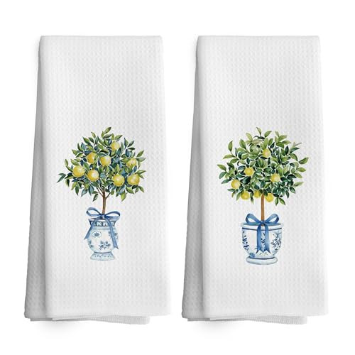 TAEDIN Chinoiserie Decor Kitchen Towels Lemon Chinoiserie Dish Towel 16x24 Inches, Blue and White Chinese Vase Decorative Absorbent Dishcloths Tea Towels Set of 2 for Kitchen Bar Cart Decor | Amazon (US)