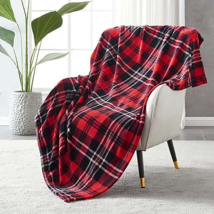 SOCHOW Flannel Fleece Throw Blanket 50 x 60 Inches, All Season Plaid Red/Grey Blanket for Bed, Co... | Amazon (US)