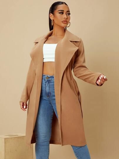 SHEIN SXY Solid Lapel Neck Belted Overcoat | SHEIN