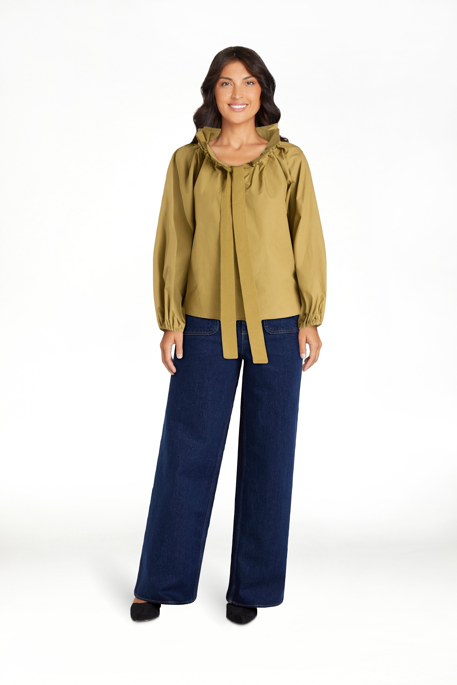 Free Assembly Women's and Women's Plus Size Ruffle Neck Cotton Top with Long Sleeves, XS-4X | Walmart (US)