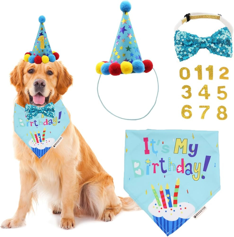 ADOGGYGO Dog Birthday Bandana Scarf and Dog Girl Boy Birthday Party Hat with Cute Dog Bow Tie for... | Amazon (US)
