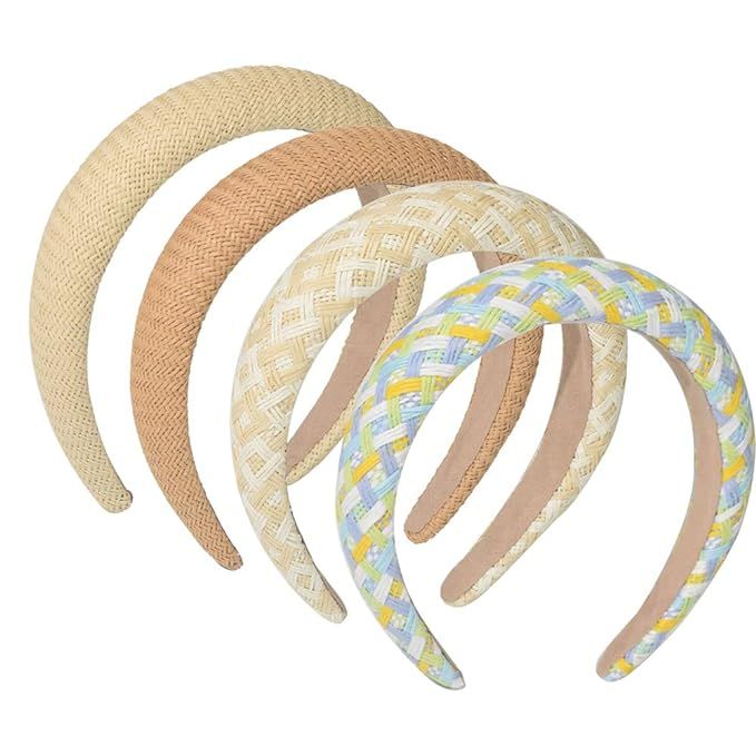 4Pcs Padded Headbands Straw Wide Headbands for Women Bohemian Summer Headband Woven Headwear Hair... | Amazon (US)