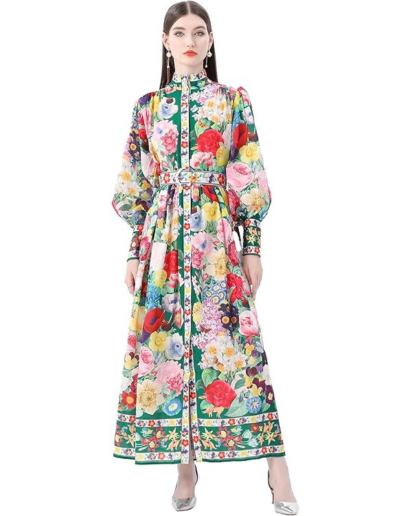 LAI MENG FIVE CATS Women's Puff Sleeves High Collar Floral Printed Buttons Front Slits Flowy Maxi... | Amazon (US)