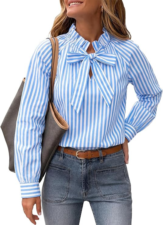 Cicy Bell Womens Striped Bow Tie Blouse Puff Long Sleeve Ruffle Cotton Tops | Dressy Casual, V Ne... | Amazon (US)