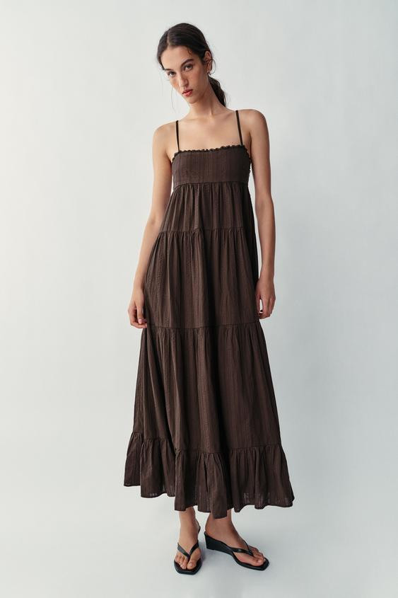 Zara - Panelled Long Dress - Dark Brown - S - Woman | Zara UK