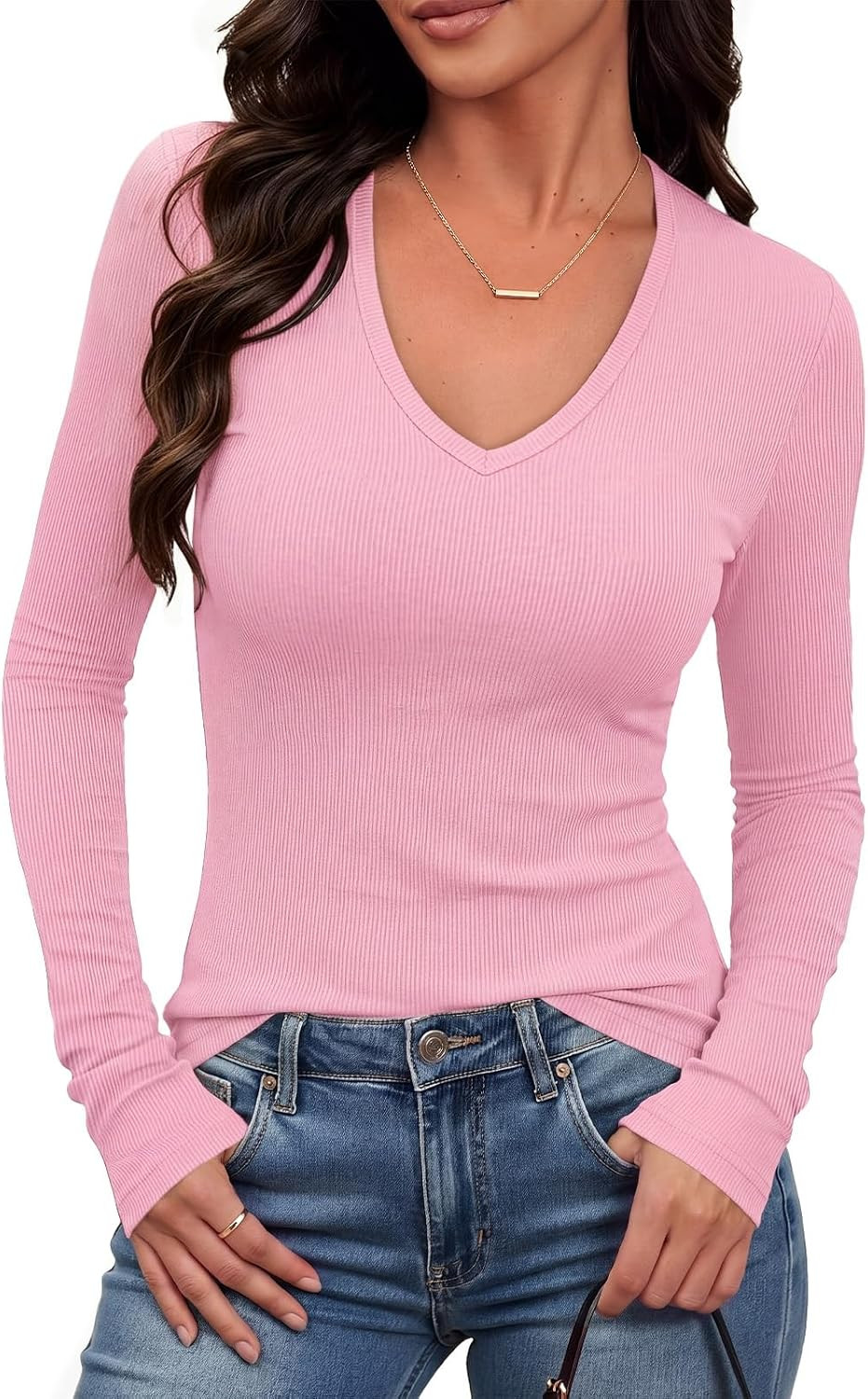 Women Deep V Neck Long Sleeve Ribbed Knit Fitted Tops | Amazon (US)