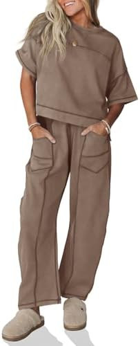 Fisoew Womens 2 Piece Outfits Lounge Sets Short Sleeve Tops and Wide Leg Pants Travel Vacation Ca... | Amazon (US)