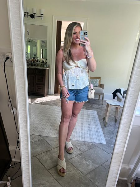 Zara top lookalike from amazon 😍 TTS - M 
Wearing my fave cakes boob covers with it instead of a bra. TTS ⭐️ code MORGBULLARD for 10% off ⭐️
•my fave Denim shorts just restocked. Medium distressed wash. Curve fit has 2” extra in thigh and booty for comfort. 4” inseam. Size up 1 to the size 30 for a comfy fit
•wedges tts & comfy 
•fav straw spring purse crossbody 
• lip liner: lively 
• lipstick: Marrakech (love this lip oil)💄 

#LTKstyletip #LTKFind #LTKunder50