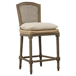 Emberly French Beige Cushion Seat Brown Pine Wood Cane Back Counter Stool | Kathy Kuo Home