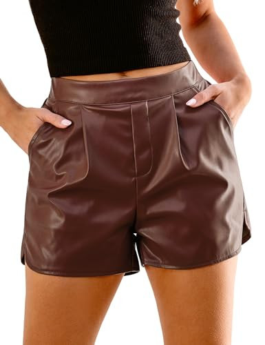 Luvamia Faux Leather High Waisted Pull On Pleated Side Slit Pleather Shorts with Elastic Waist Pockets - Dressy Shorts for Women - Chocolate Brown Size 12 Size 14 | Amazon (US)