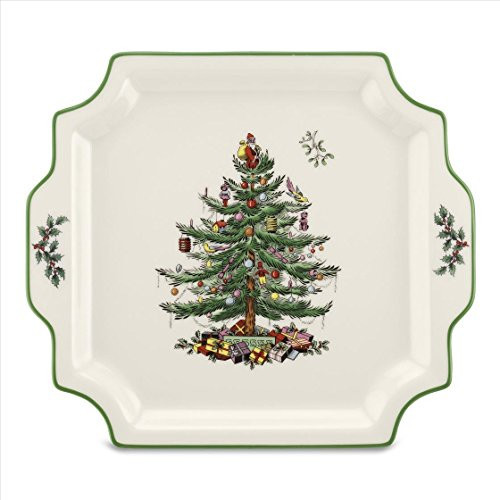 Spode Christmas Tree 12.5" Square Handled Serving Platter - Porcelain Serving Plate for Holiday Snacks, Appetizers, Buffet Displays - Microwave & Dishwasher Safe - Elegant Holiday Tableware | Amazon (US)