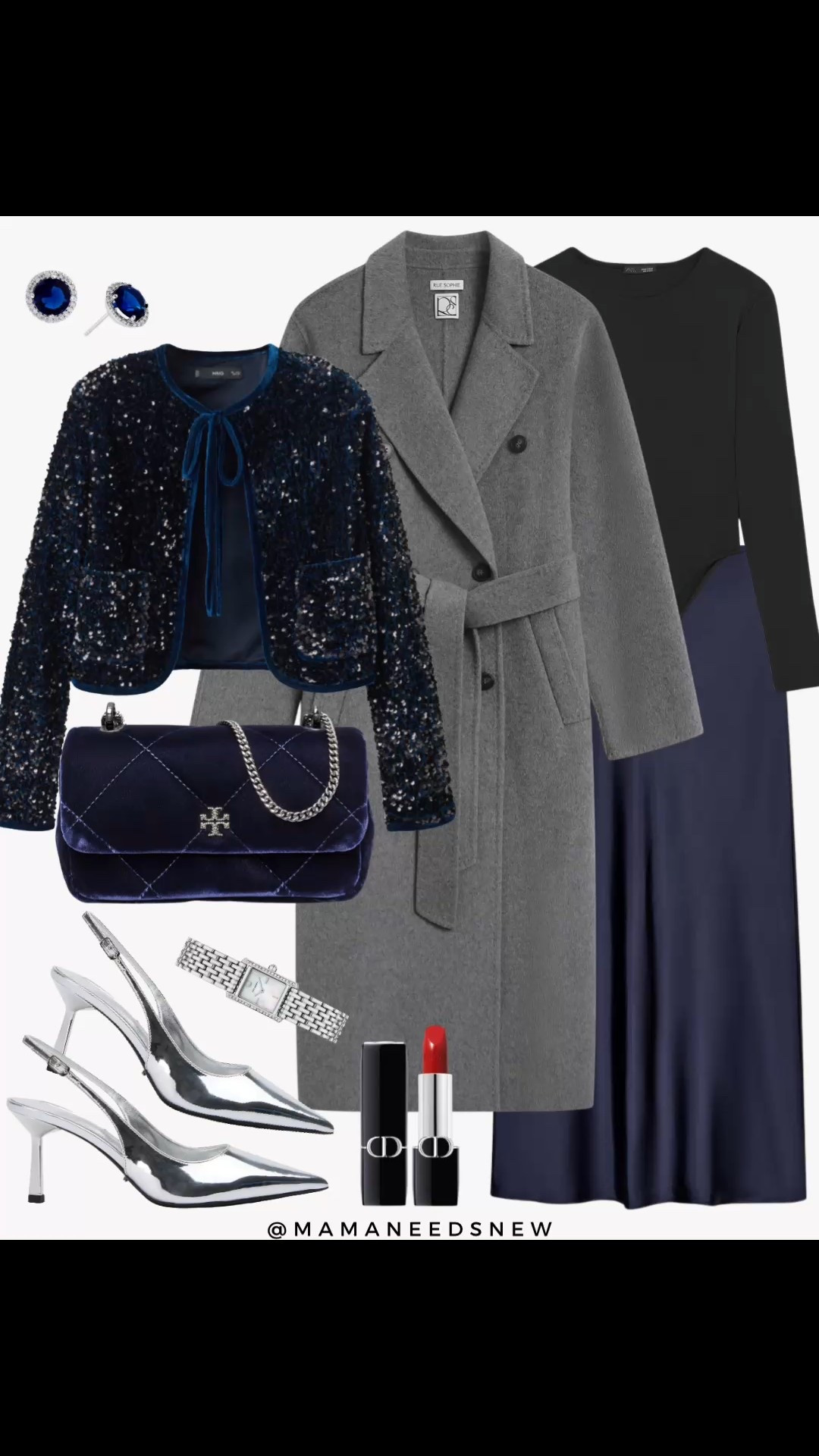 A holiday outfit with a belted coat, sequin velvet jacket, bodysuit, satin skirt, metallic heels, velvet bag 💙