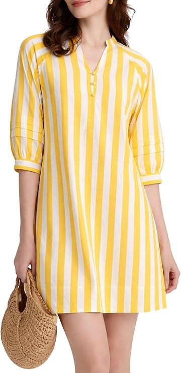 Womens Striped Mini Dress V Neck Casual Summer 3/4 Lantern Sleeves Loose Beach Tunic Shift Dresse... | Amazon (US)