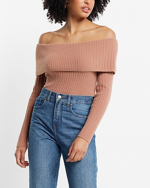 Cozy Ribbed Off The Shoulder Overlay Sweater | Express