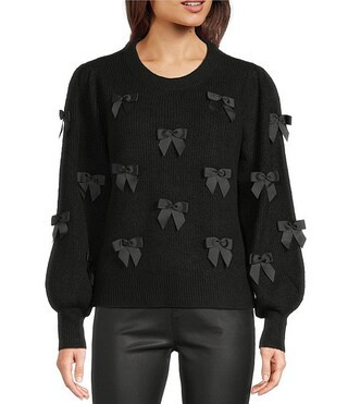 Zarie Fluffy Blend Knit Bow Applique Crew Neck Puff Long Sleeve Sweater | Dillard's