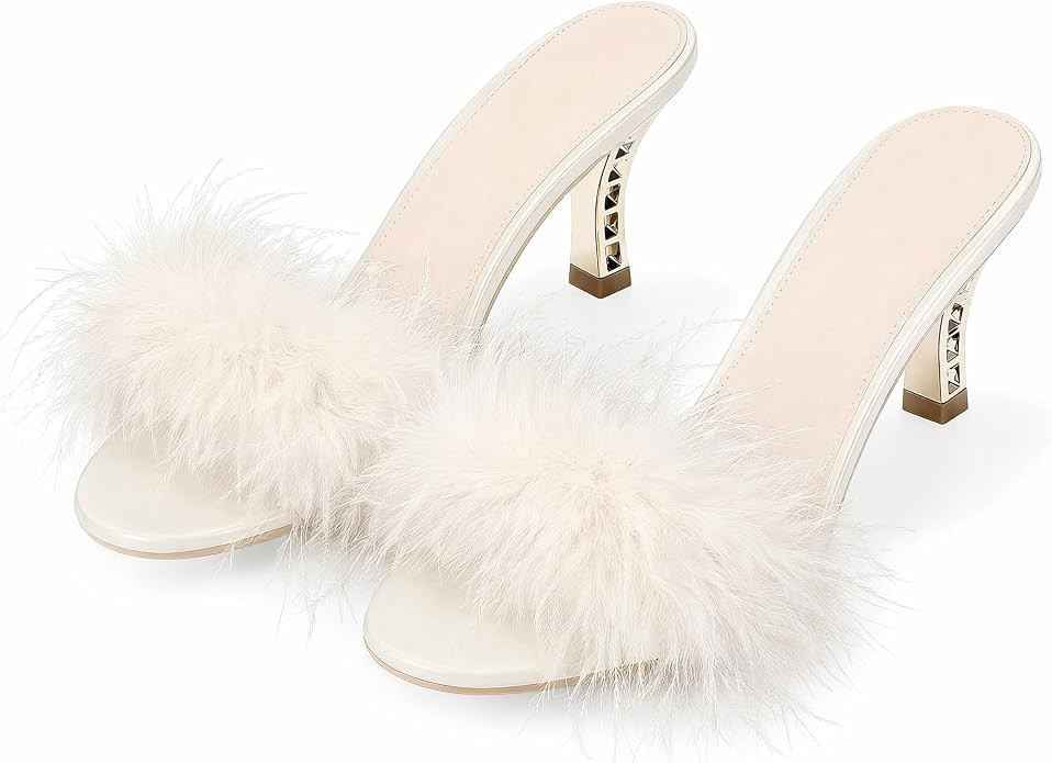 Women Sexy Slippers Fur Heels Fluffy Feather Kitten Heel Slippers Open Toe | 3 Inch Heeled Slide ... | Amazon (US)