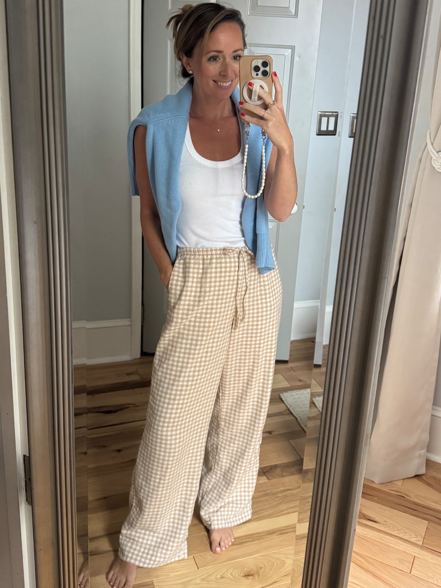 Small in tank 
Small Tall in pants (I’m 5’-6”)
Sweater is a M - it says salty on it!

#LTKSeasonal #LTKFindsUnder100 #LTKWorkwear