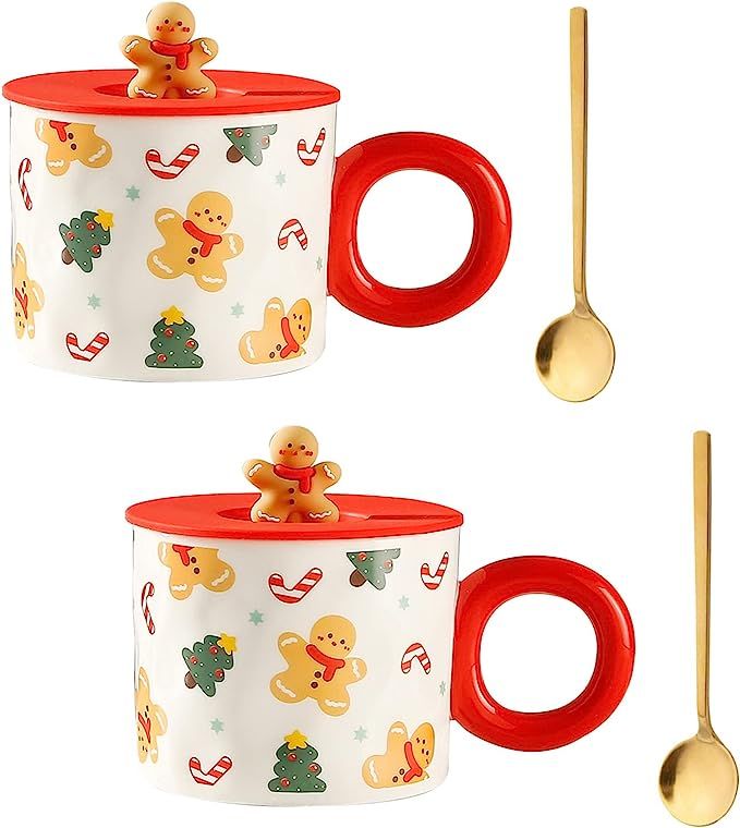 MISNODE 2 Pack Christmas Coffee Mugs, Ceramic Santa Tea Cups with 3D Lid and Spoon, Novelty Cute ... | Amazon (US)