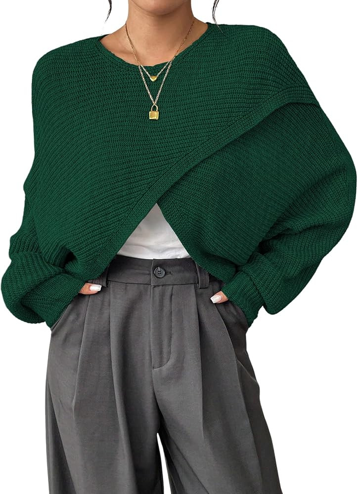 Verdusa Women's Lightweight Asymmetrical Wrap Fall Sweater Tops Old Money Puff Sleeve Cropped Swe... | Amazon (US)
