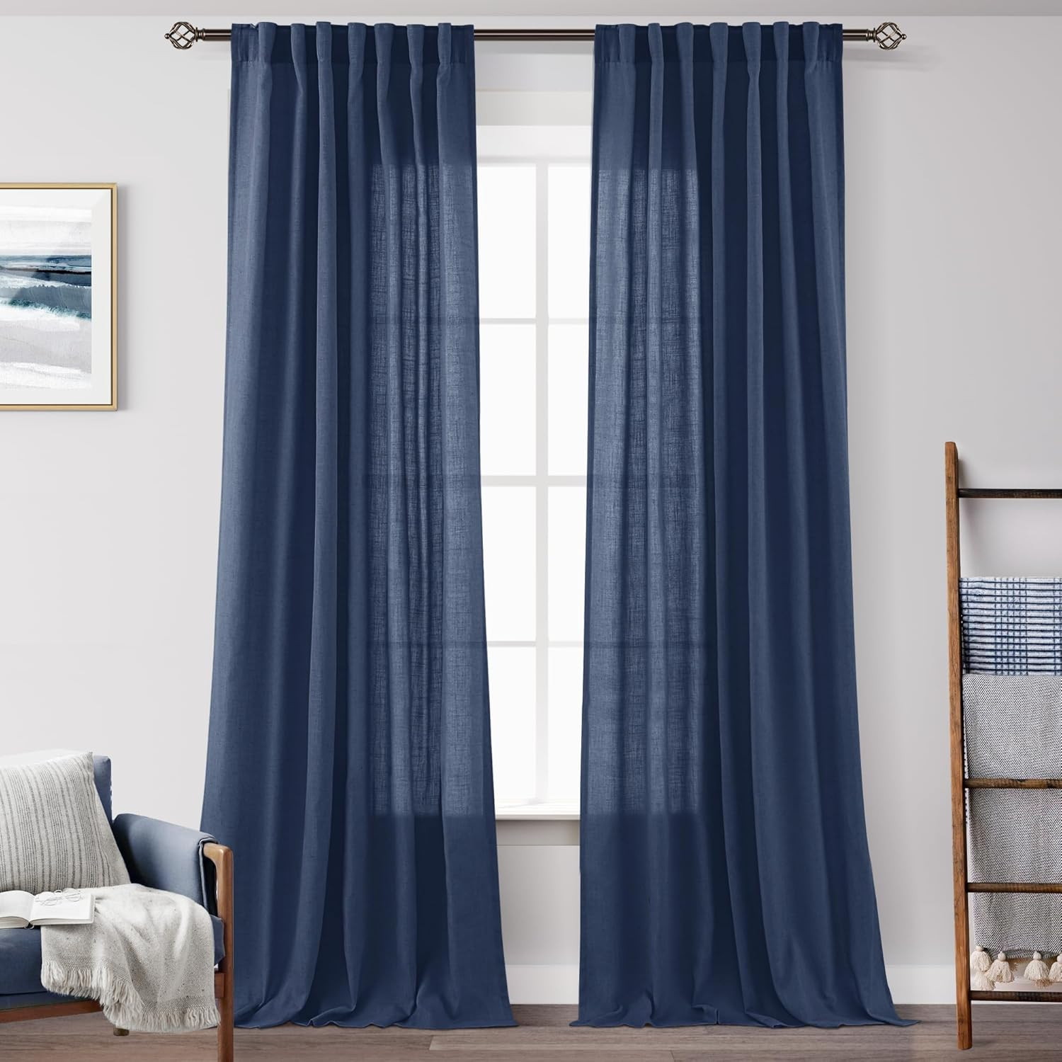 Navy Blue Curtains 84 inch Length for Bedroom Back Tab Light Filtering Semi Sheer Blue Living Roo... | Amazon (US)