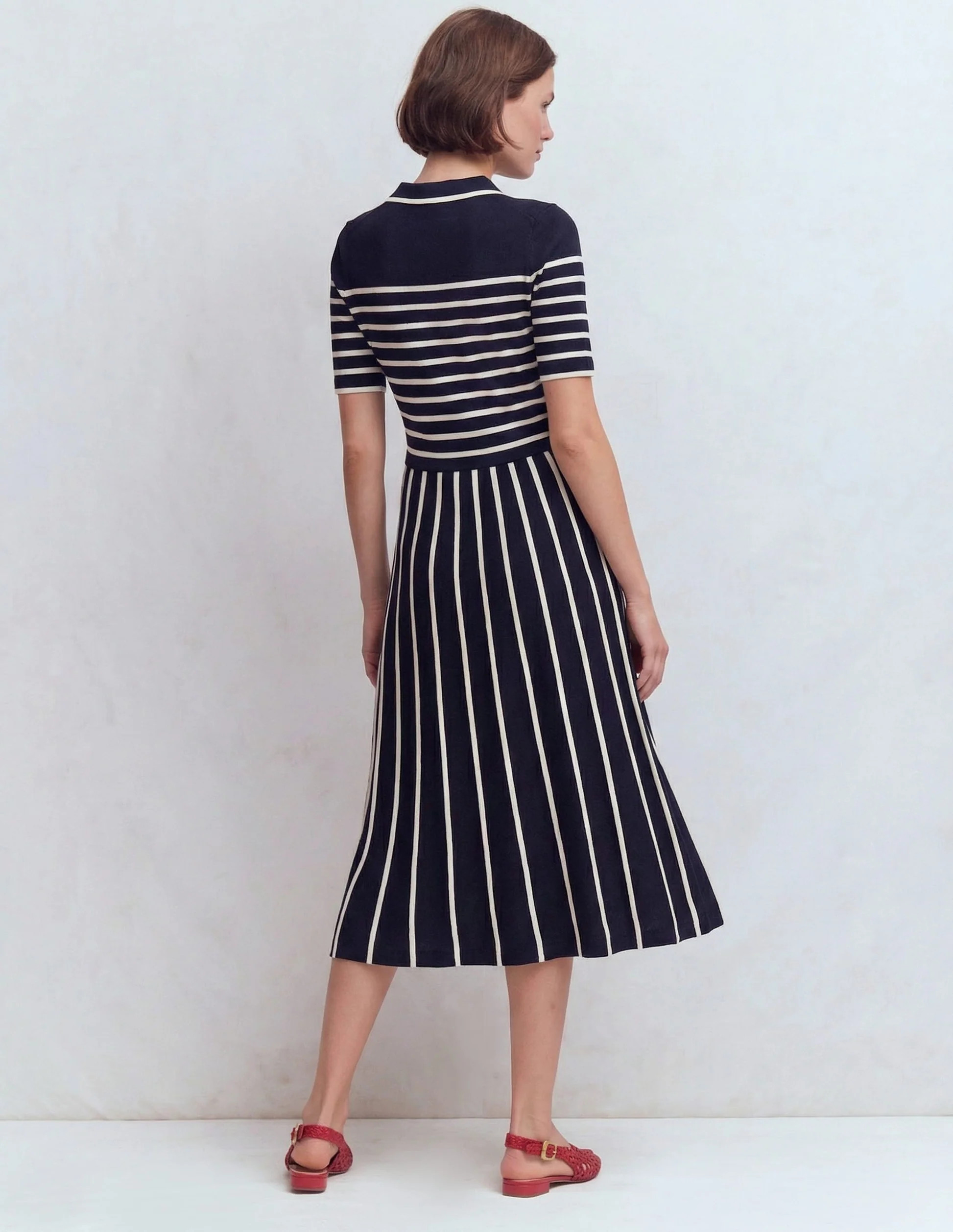 Collared Knitted Midi Dress-French Navy and Ivory Stripe | Boden UK