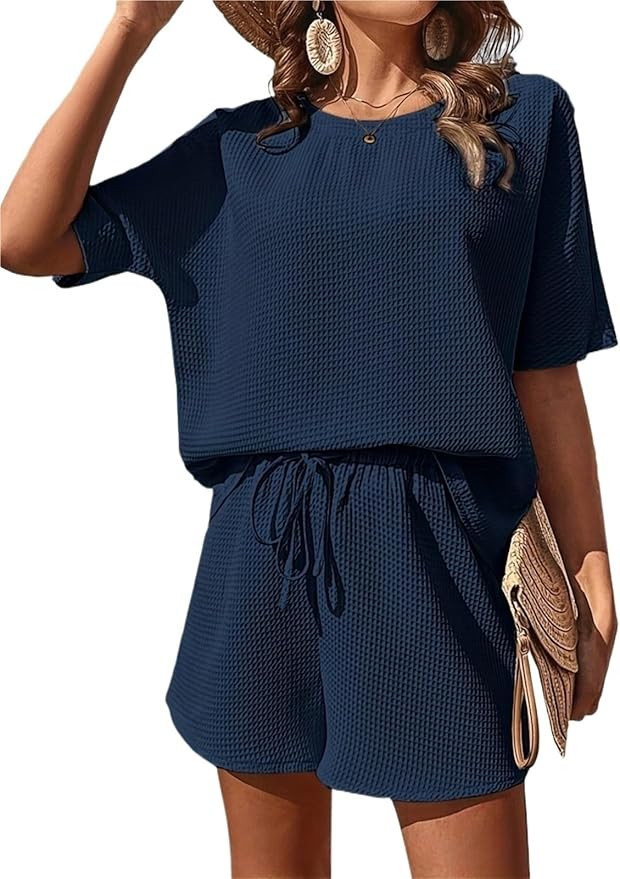 Womens 2 Piece Outfits Women's Solid Color Short Sleeve Loose Set Fashion Elegant Shorts Two Piec... | Amazon (US)