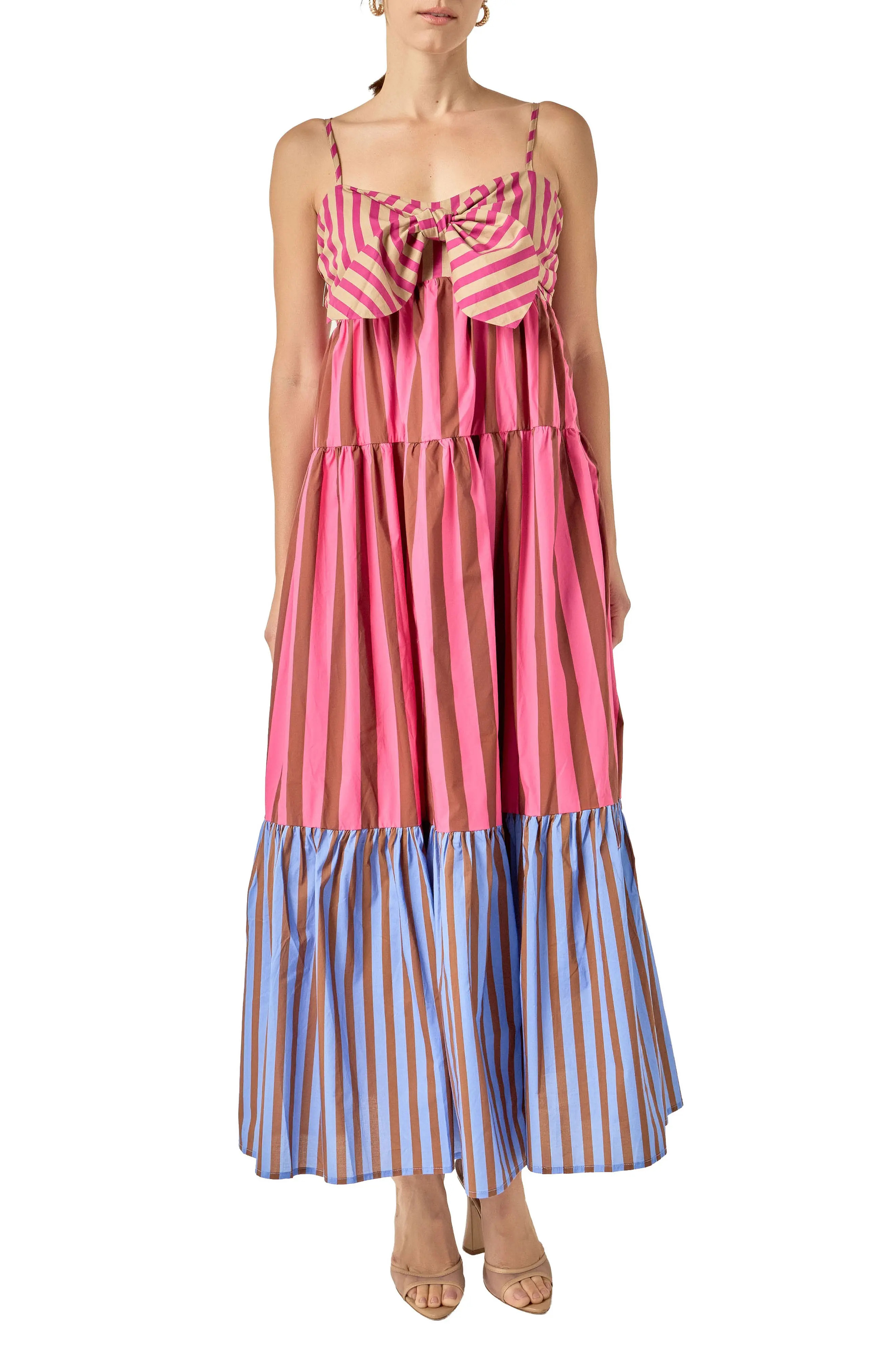 English Factory Stripe Bow Sleeveless Tiered Maxi Dress (Women) | Nordstrom | Nordstrom