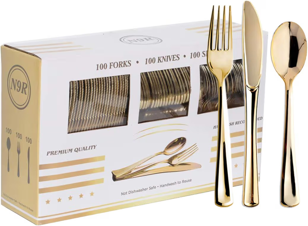 N9R 300PCS Gold Plastic Silverware, Heavy Duty Gold Plastic Cutlery Set Disposable Flatware Dinne... | Amazon (US)