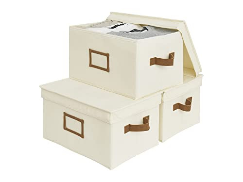 StorageWorks Large Storage Bins with Lids, Decorative Storage Boxes with Lid and PU Handles, Foldable Storage Baskets for Closet, Shelves, Stackable, Ivory, 3-Pack | Amazon (US)