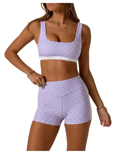 SOLY HUX Polka Dots Workout Sets for Women 2 Piece Yoga Outfits Sports Bra High Waist Biker Shorts Activewear Tracksuit Mauve Purple Polka Dots Large | Amazon (US)