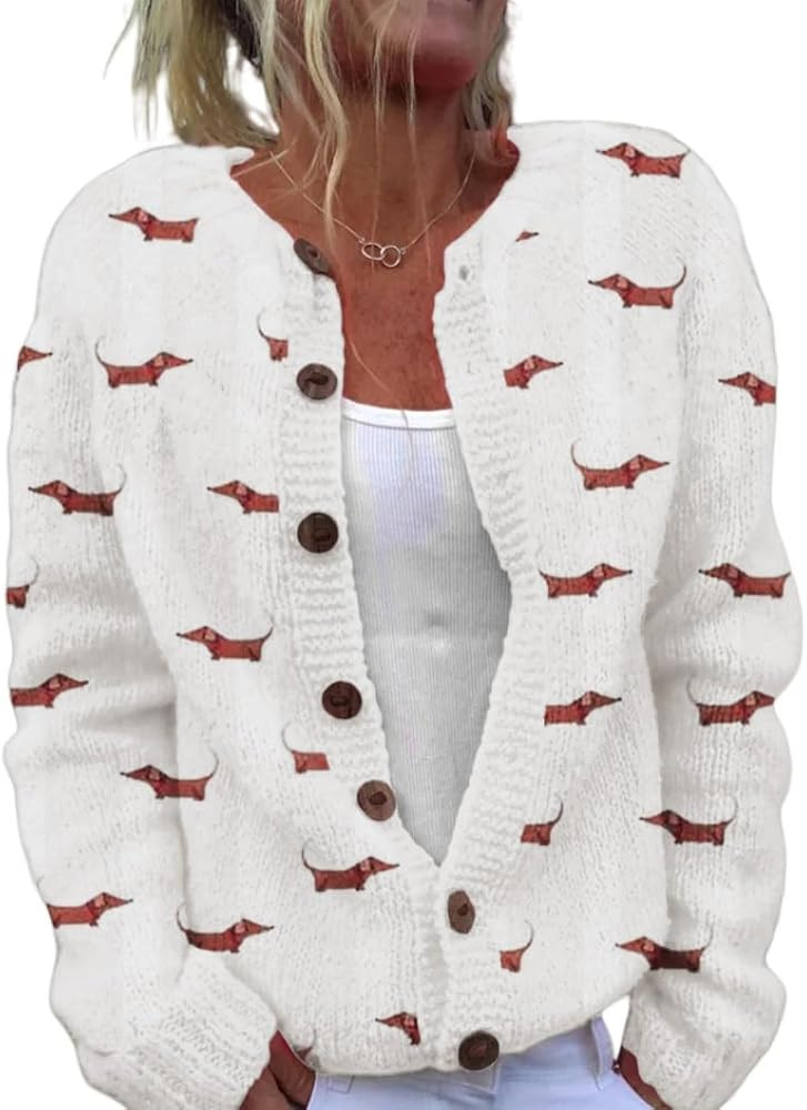 Women's Funny Fall Winter Animal Floral Christmas Tree Long Sleeve Button Knit Cardigan Sweater | Amazon (US)