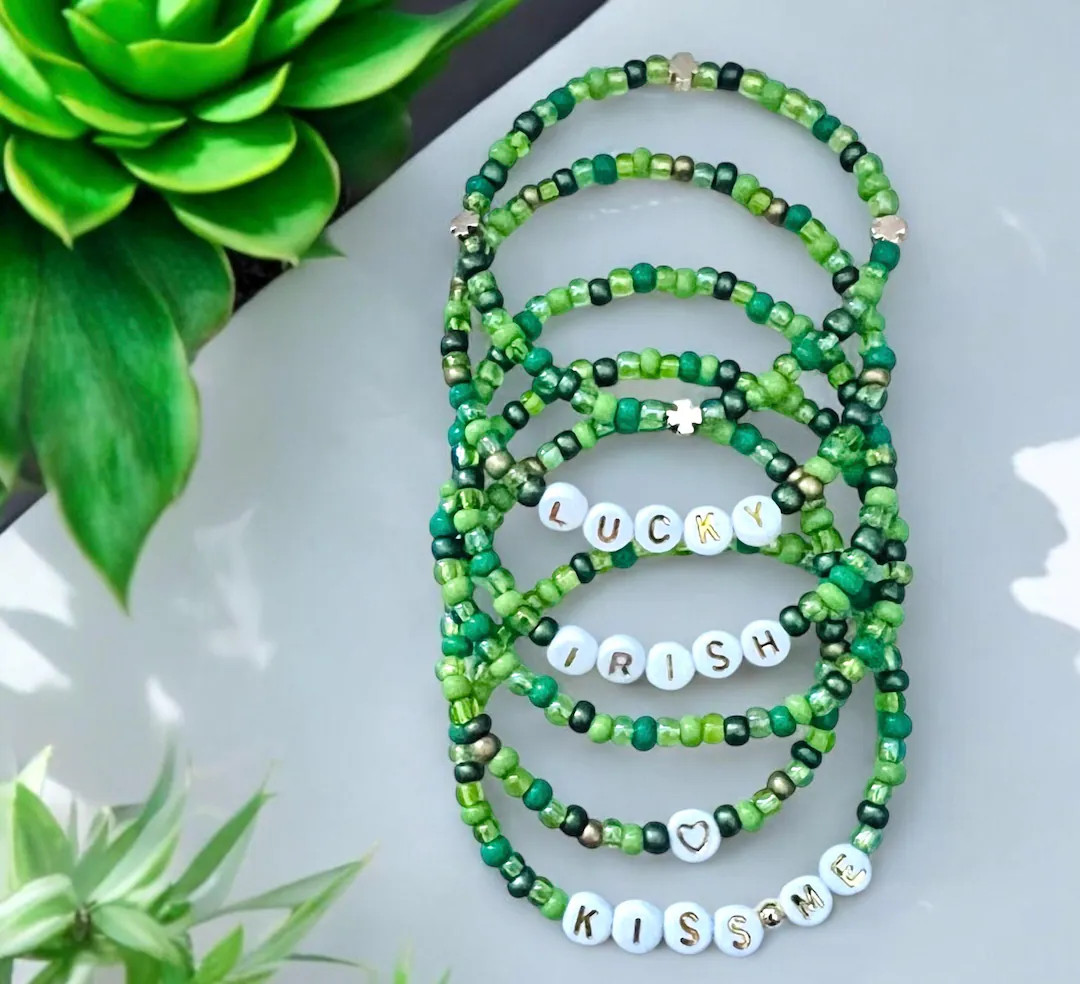 Personalizable St. Patricks Day Bracelets, Stackable, Seed Bead Bracelets, Green Bracelet, Clover... | Etsy (US)