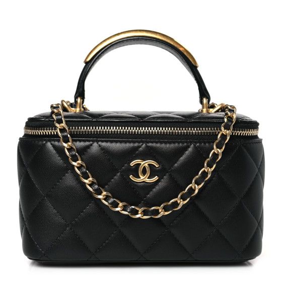 Lambskin Quilted Metal Small Top Handle Vanity Case With Chain Black | FASHIONPHILE (US)