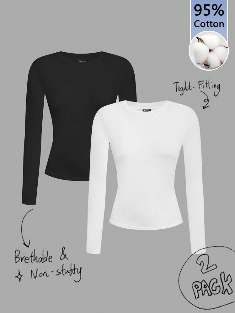 Tseoso 2 Stücke Schwarz & Weiß Lässig Langarm Figurbetontes Langarm T-Shirt Set, Geeignet Für Herbst & Winter | SHEIN