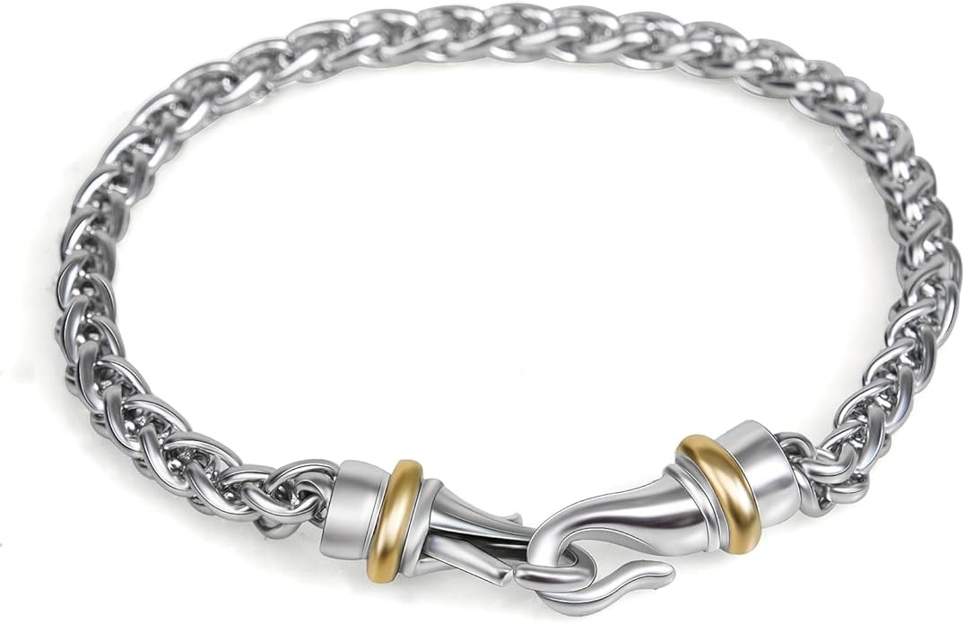 Designer Bracelet Vintage Two-tone Stainless Steel Wheat Chain Bracelet with Lobster Clasp for Wo... | Amazon (US)