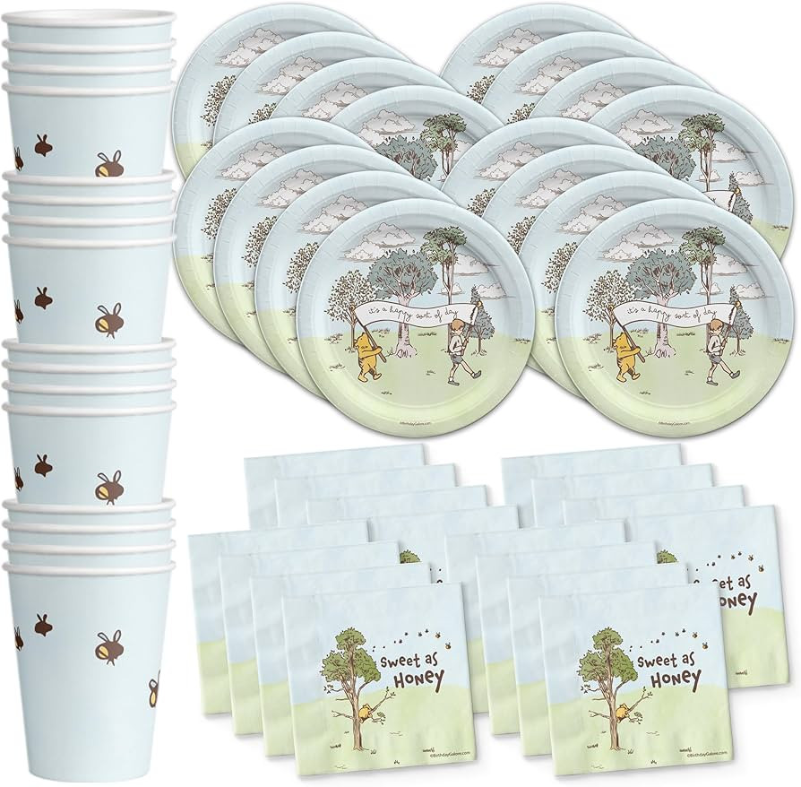 Winnie the Pooh Bear Boy's Birthday Party Supplies Set Plates Napkins Cups Tableware Kit for 16 | Amazon (US)