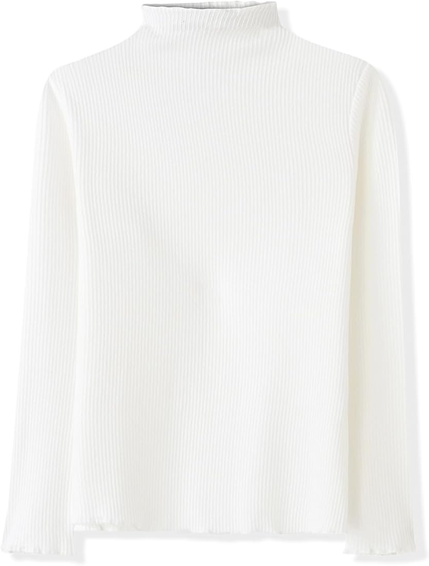 ACESTAR Girls Solid Lettuce Trim Mock Neck Shirt Long Sleeve Slim Fit Ribbed Knit Tee Ruffle Tops... | Amazon (US)