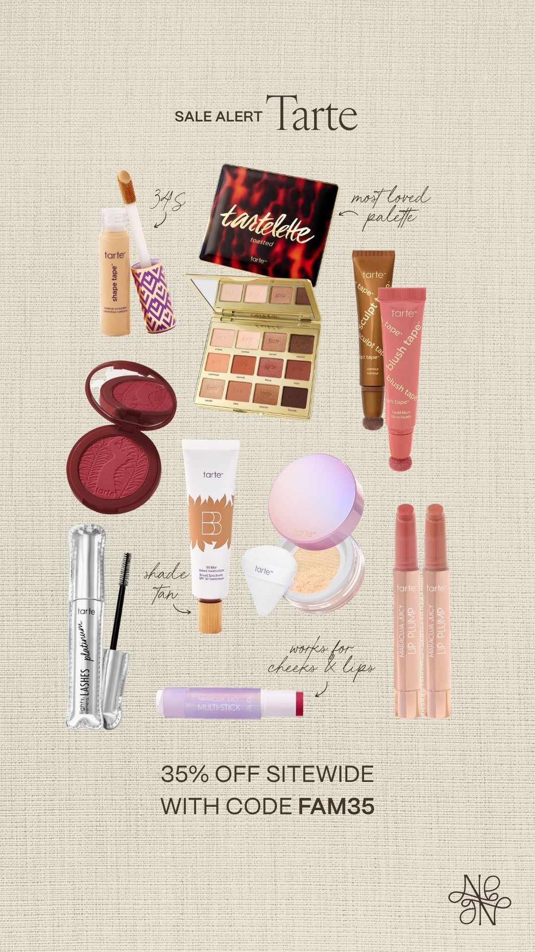 Use code FAM35 for 35% OFF + free shipping 🤩 

beauty faves, tarte sale, everyday makeup, lip combo, sale alert