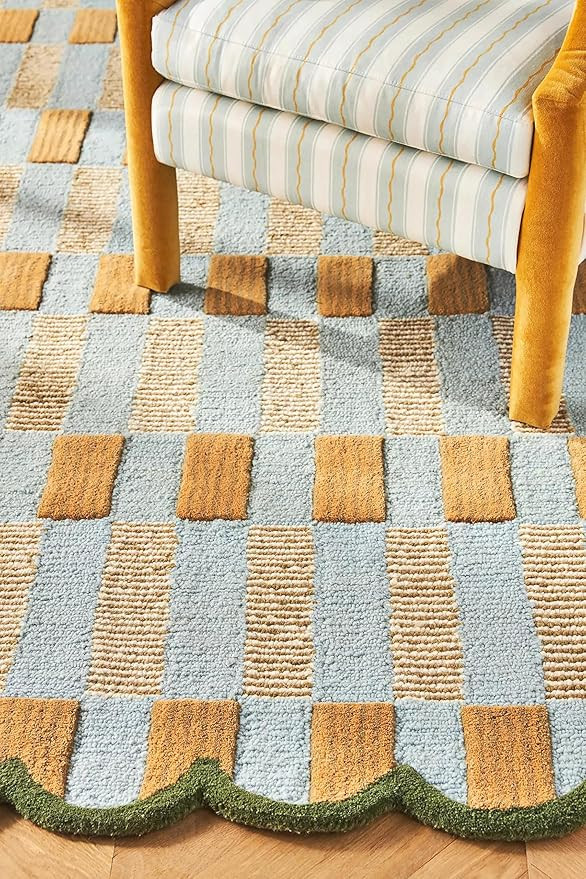 Hand-Tufted Wool Rug with Scalloped Edges, Light Blue Plaid Pattern, Cozy Soft Area Rug for Livin... | Amazon (US)