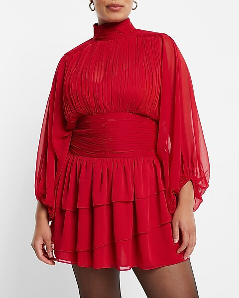 Mock Neck Long Sleeve Pleated Waist Tiered Ruffle Mini Dress | Express
