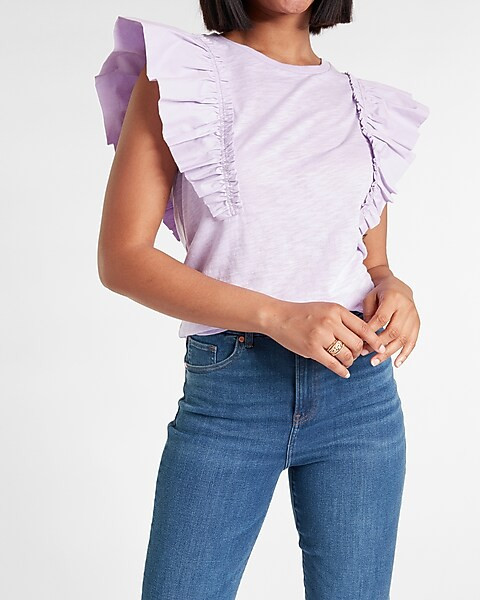 Skimming Slub Poplin Ruffle Sleeve Tee | Express