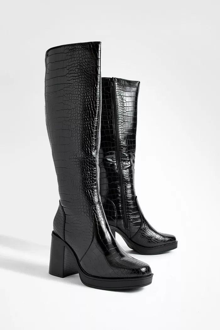 Platform Croc Block Heel Knee High Boots | Boohoo.com (UK & IE)