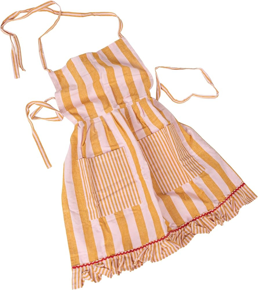 Creative Co-Op Woven Cotton Striped Apron with Ruffle, Pockets & Ric Rac Trim, Mustard & Pink | Amazon (US)