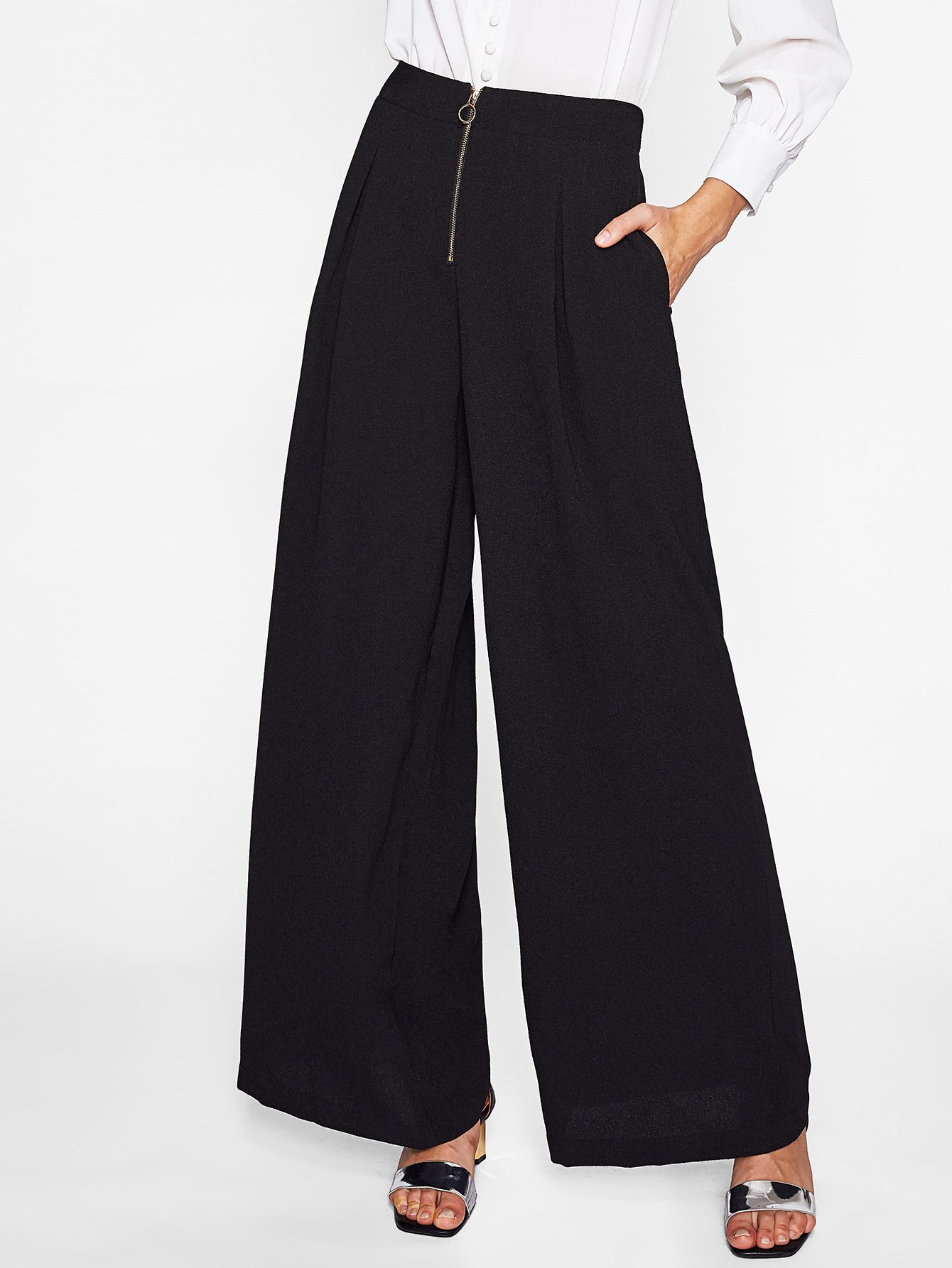 Exposed Zip Front Fold Pleat Palazzo Pants | SHEIN