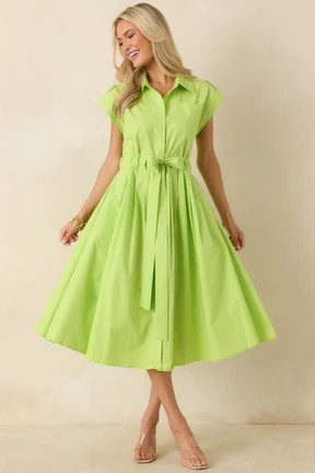 Prosperina Lana Lime Green Cotton Button-Front Midi Dress | Red Dress